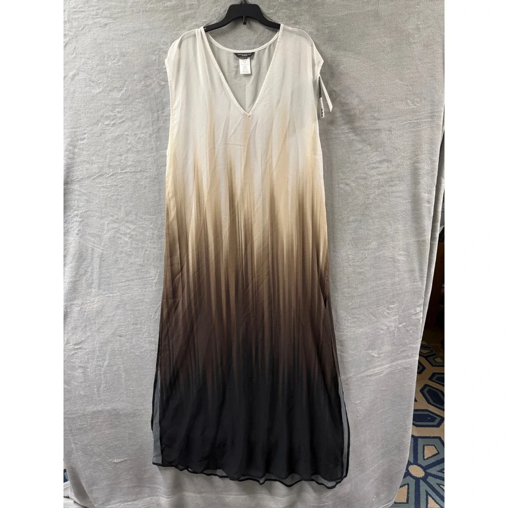 Carmen Marc Valvo Ombre Maxi Dress Cover Up Black Tan White C6U986 Womens Small